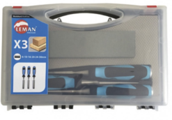 LEMAN - Coffret De 3 Ciseaux à Bois / Manche Bi-matière L.12/26/40mm + Pierre -Scheppach Soldes Magasin coffret de 3 ciseaux a bois a manche bimatiere urethane